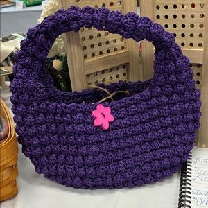 Purple Crochet Handbag with Pink Flower Accent